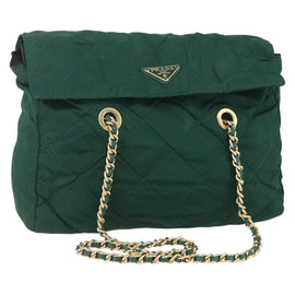 PRADA Chain Shoulder Bag Nylon Green Gold Auth bs31867