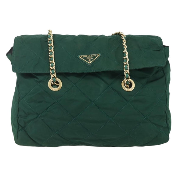 PRADA Chain Shoulder Bag Nylon Green Gold Auth bs31867