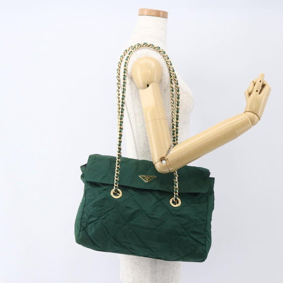 PRADA Chain Shoulder Bag Nylon Green Gold Auth bs31867