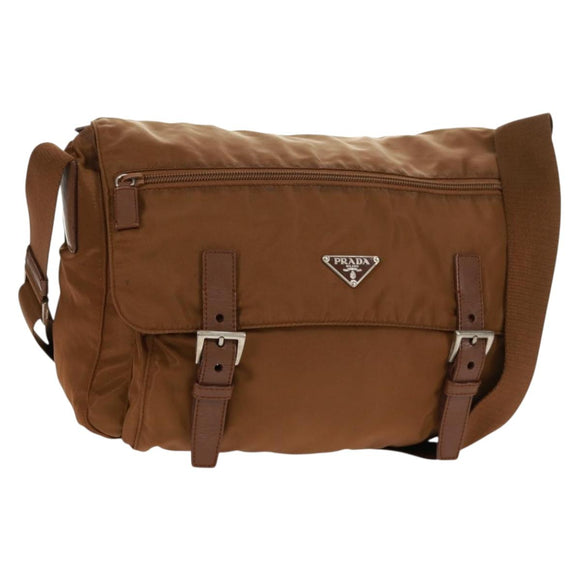 PRADA Shoulder Bag Nylon Brown Silver Auth bs31870