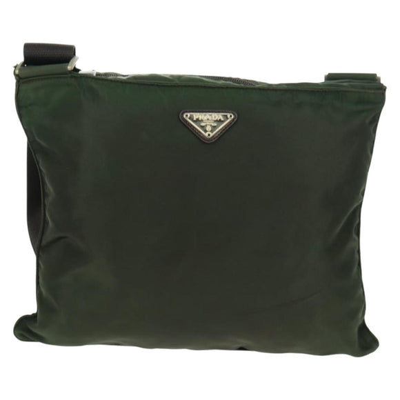 PRADA Shoulder Bag Nylon Khaki Silver Auth bs31875