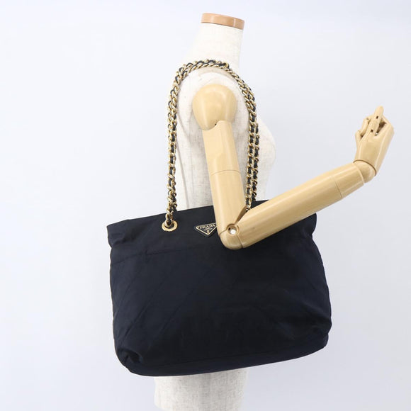 PRADA Chain Shoulder Bag Nylon Black Gold Auth bs31880