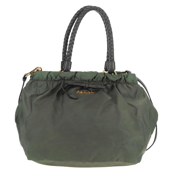 PRADA Hand Bag Nylon 2way Khaki Gold Auth bs31881