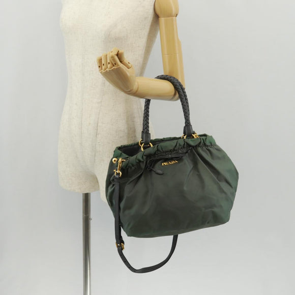 PRADA Hand Bag Nylon 2way Khaki Gold Auth bs31881
