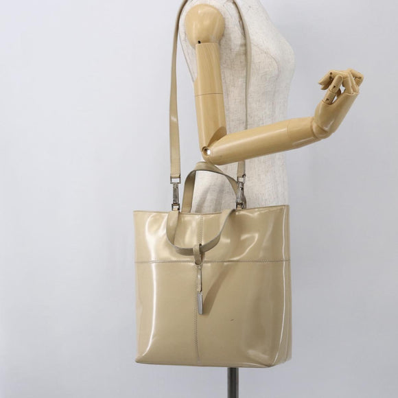 GUCCI Tote Bag Enamel 2way Beige Silver Auth bs31887