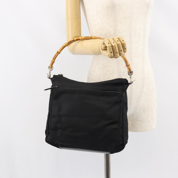 GUCCI Bamboo Hand Bag Nylon Leather Black Silver 000 2404 0509 Auth bs31893