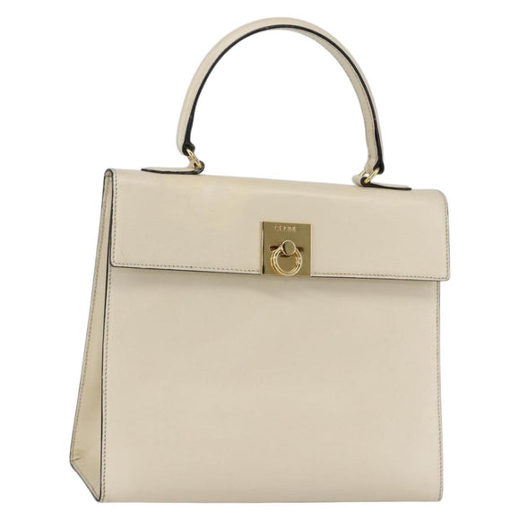 CELINE Hand Bag Leather White Gold Auth bs31896