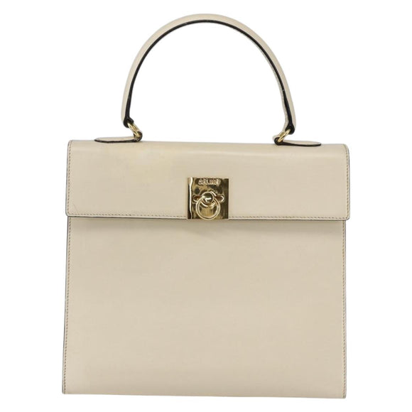 CELINE Hand Bag Leather White Gold Auth bs31896