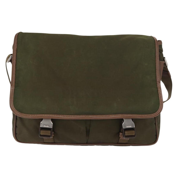 PRADA Shoulder Bag Nylon Khaki Silver Auth bs31899