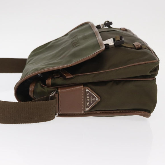 PRADA Shoulder Bag Nylon Khaki Silver Auth bs31899