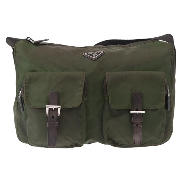 PRADA Shoulder Bag Nylon Khaki Silver Auth bs31900