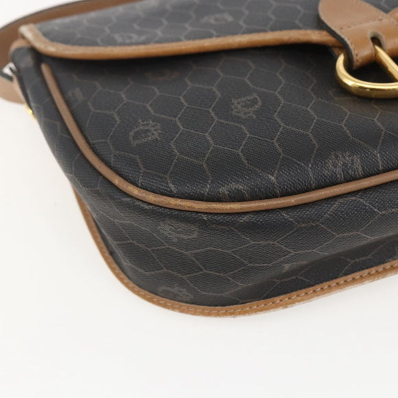 Christian Dior Honeycomb Canvas Shoulder Bag PVC Black Brown gold Auth bs31903