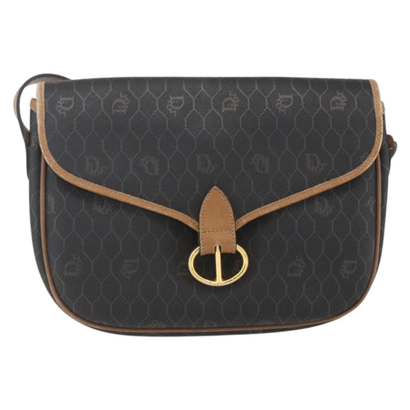 Christian Dior Honeycomb Canvas Shoulder Bag PVC Black Brown gold Auth bs31903