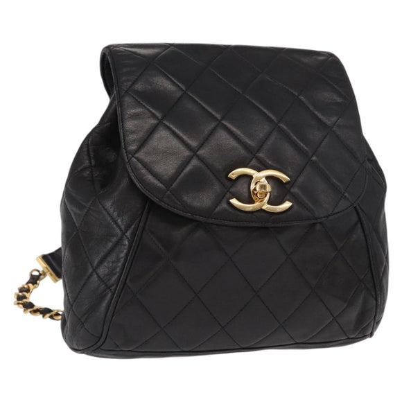 CHANEL Matelasse Backpack Lamb Skin Black Gold CC Auth bs31908
