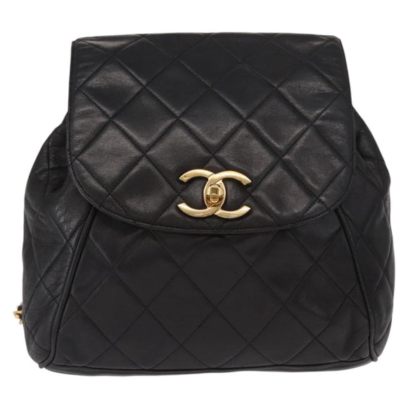 CHANEL Matelasse Backpack Lamb Skin Black Gold CC Auth bs31908