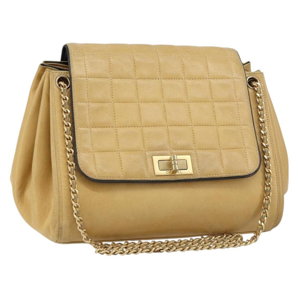 CHANEL Choco Bar line Chain Shoulder Bag Lamb Skin Beige Gold CC Auth bs31909
