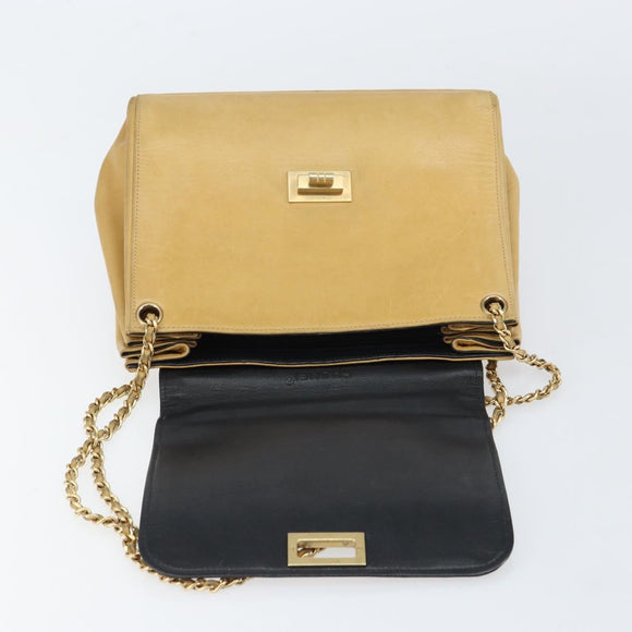 CHANEL Choco Bar line Chain Shoulder Bag Lamb Skin Beige Gold CC Auth bs31909