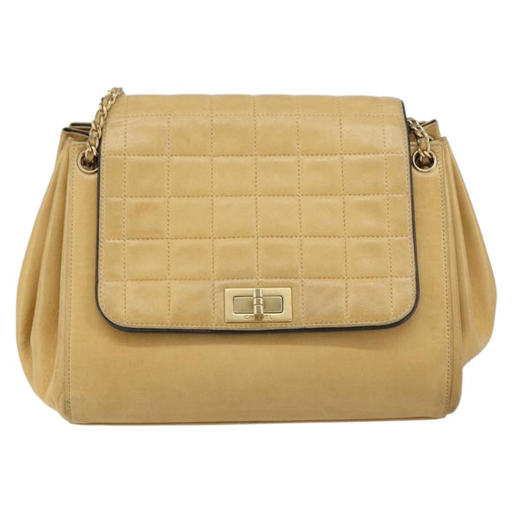 CHANEL Choco Bar line Chain Shoulder Bag Lamb Skin Beige Gold CC Auth bs31909