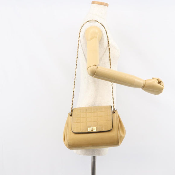 CHANEL Choco Bar line Chain Shoulder Bag Lamb Skin Beige Gold CC Auth bs31909