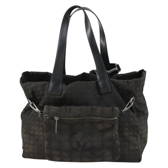 CHANEL New Travel Line Tote Bag Nylon 2way Brown Silver CC Auth bs31911