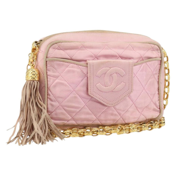 CHANEL Chain Shoulder Bag Satin Pink Gold CC Auth bs31914