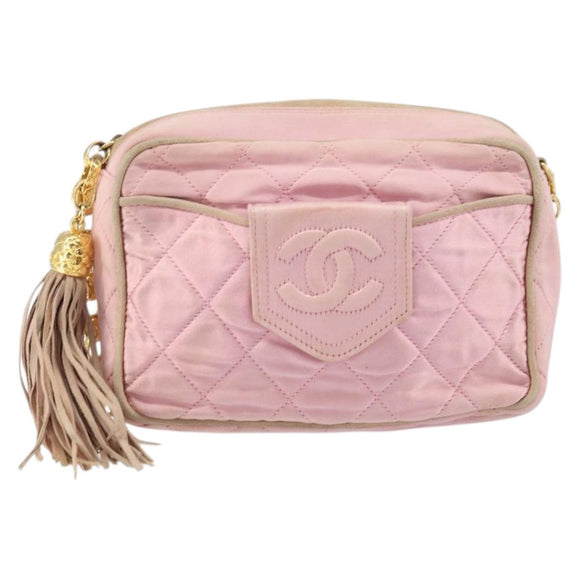 CHANEL Chain Shoulder Bag Satin Pink Gold CC Auth bs31914