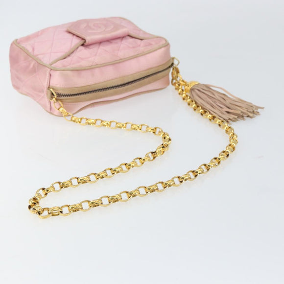CHANEL Chain Shoulder Bag Satin Pink Gold CC Auth bs31914