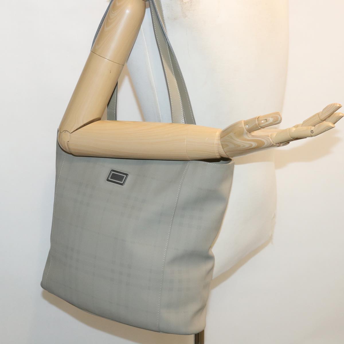 BURBERRY Nova Check Tote Bag PVC Leather Gray Auth bs3193