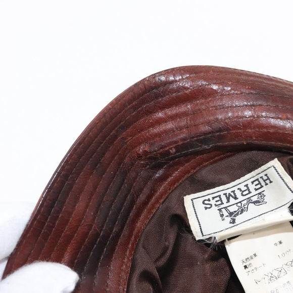 HERMES Hat Leather Brown Auth bs31964