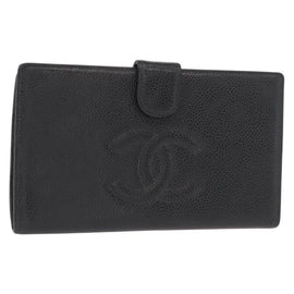 CHANEL Long Wallet Caviar Skin Black Gold CC Auth bs31972