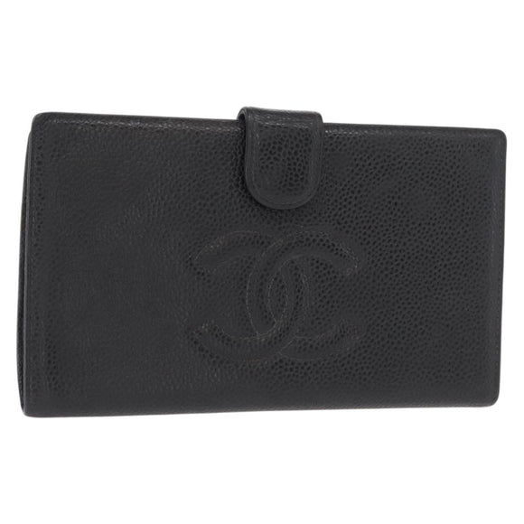 CHANEL Long Wallet Caviar Skin Black Gold CC Auth bs31972