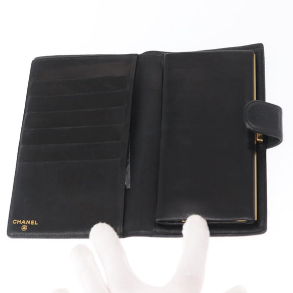 CHANEL Long Wallet Caviar Skin Black Gold CC Auth bs31972