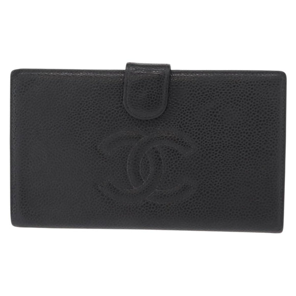 CHANEL Long Wallet Caviar Skin Black Gold CC Auth bs31972