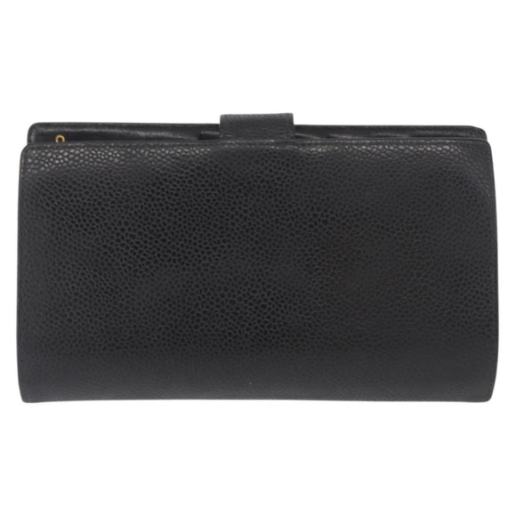 CHANEL Long Wallet Caviar Skin Black Gold CC Auth bs31972