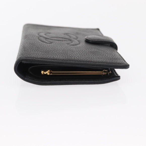 CHANEL Long Wallet Caviar Skin Black Gold CC Auth bs31972