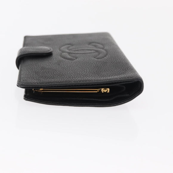 CHANEL Long Wallet Caviar Skin Black Gold CC Auth bs31972