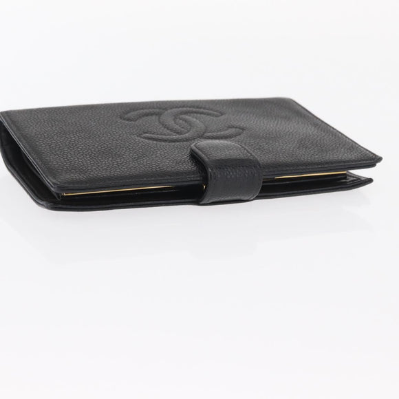 CHANEL Long Wallet Caviar Skin Black Gold CC Auth bs31972