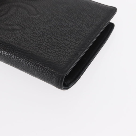 CHANEL Long Wallet Caviar Skin Black Gold CC Auth bs31972