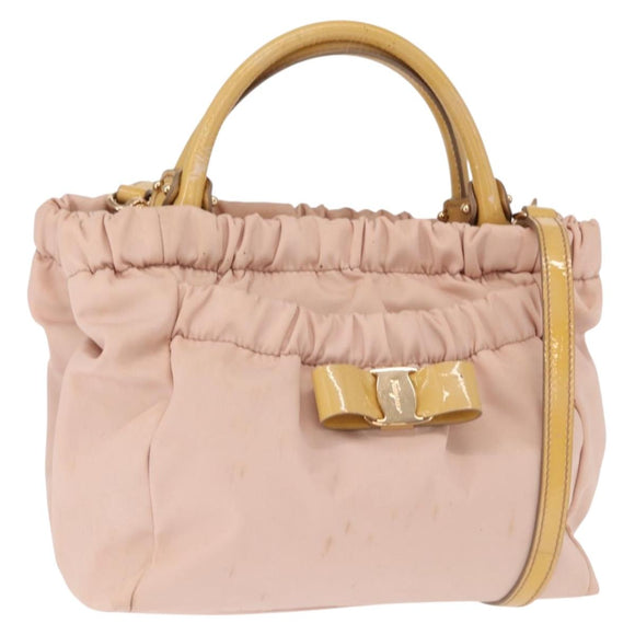 Salvatore Ferragamo Vala Hand Bag Nylon 2way Pink Gold Auth bs32036