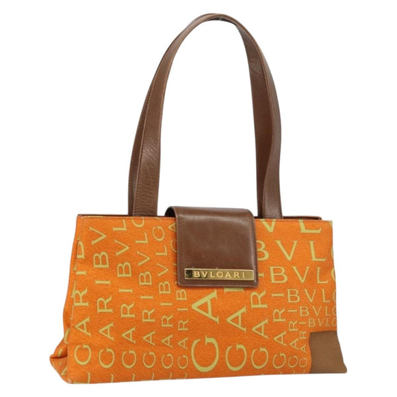 BVLGARI Tote Bag Nylon Leather Orange Gold Auth bs32037
