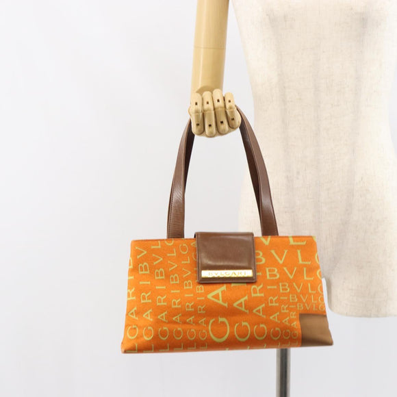 BVLGARI Tote Bag Nylon Leather Orange Gold Auth bs32037
