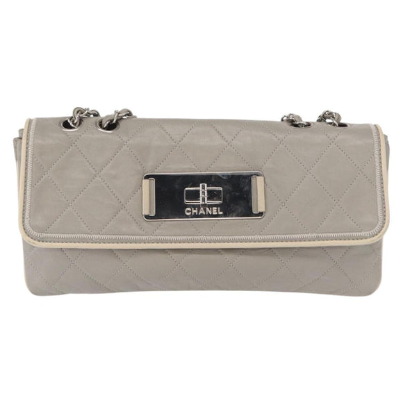 CHANEL Lamb Skin Chain Shoulder Bag Gray Silver CC Auth bs32040