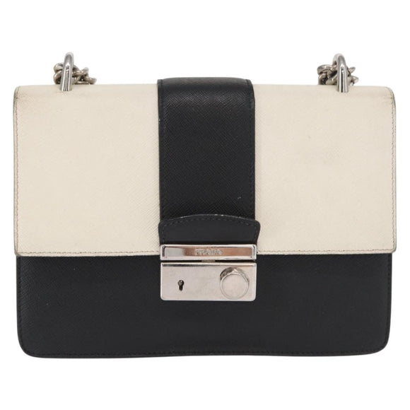 PRADA Chain Shoulder Bag Leather White Silver Auth bs32042