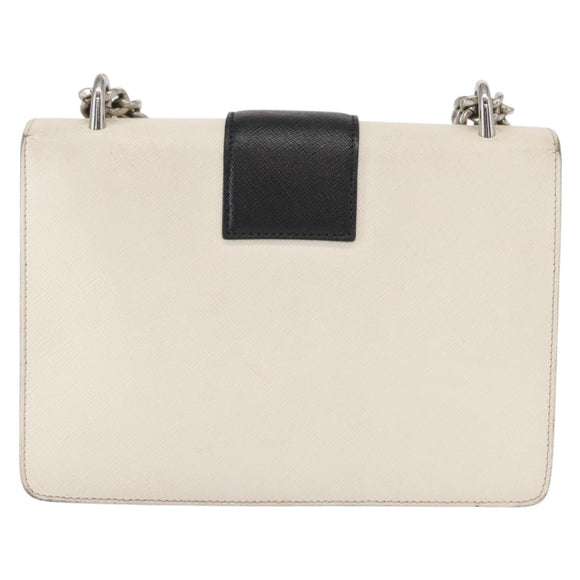 PRADA Chain Shoulder Bag Leather White Silver Auth bs32042