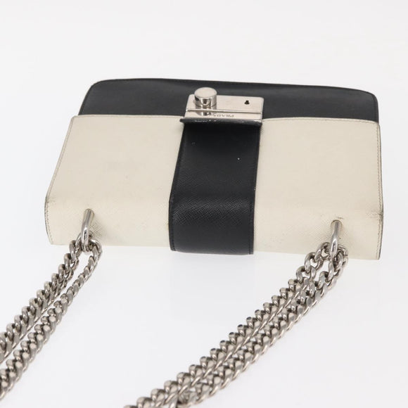 PRADA Chain Shoulder Bag Leather White Silver Auth bs32042