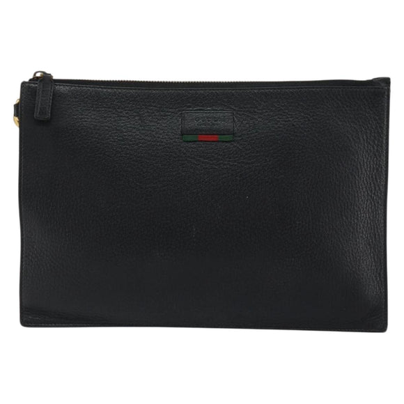 GUCCI Web Sherry Line Clutch Bag Leather Black Gold 428758 Auth bs32046