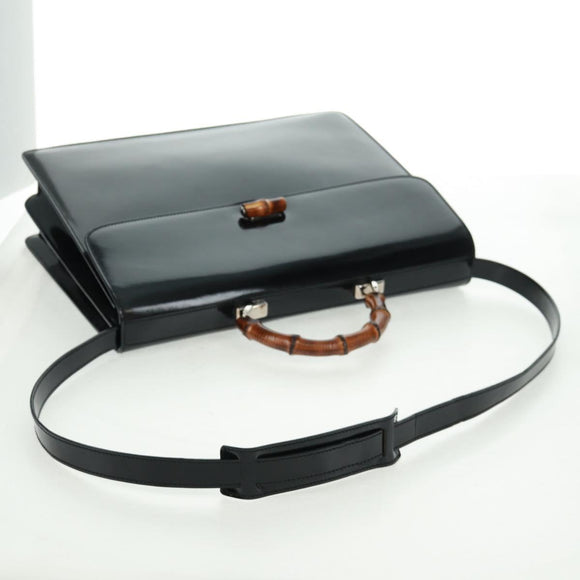 GUCCI Bamboo Hand Bag Enamel 2way Black Gold 015 1046 3304 Auth bs32052