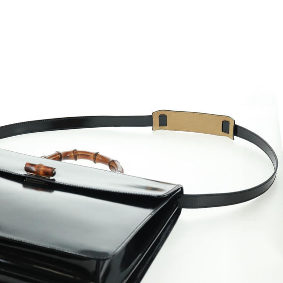 GUCCI Bamboo Hand Bag Enamel 2way Black Gold 015 1046 3304 Auth bs32052