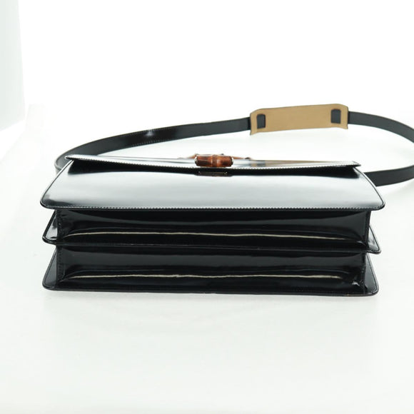 GUCCI Bamboo Hand Bag Enamel 2way Black Gold 015 1046 3304 Auth bs32052