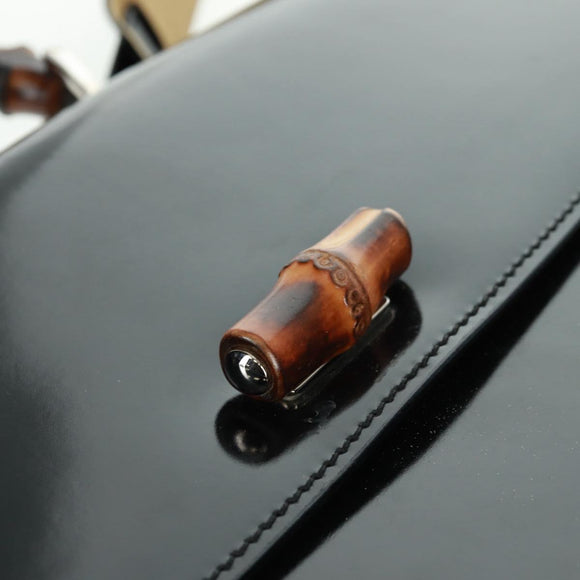 GUCCI Bamboo Hand Bag Enamel 2way Black Gold 015 1046 3304 Auth bs32052